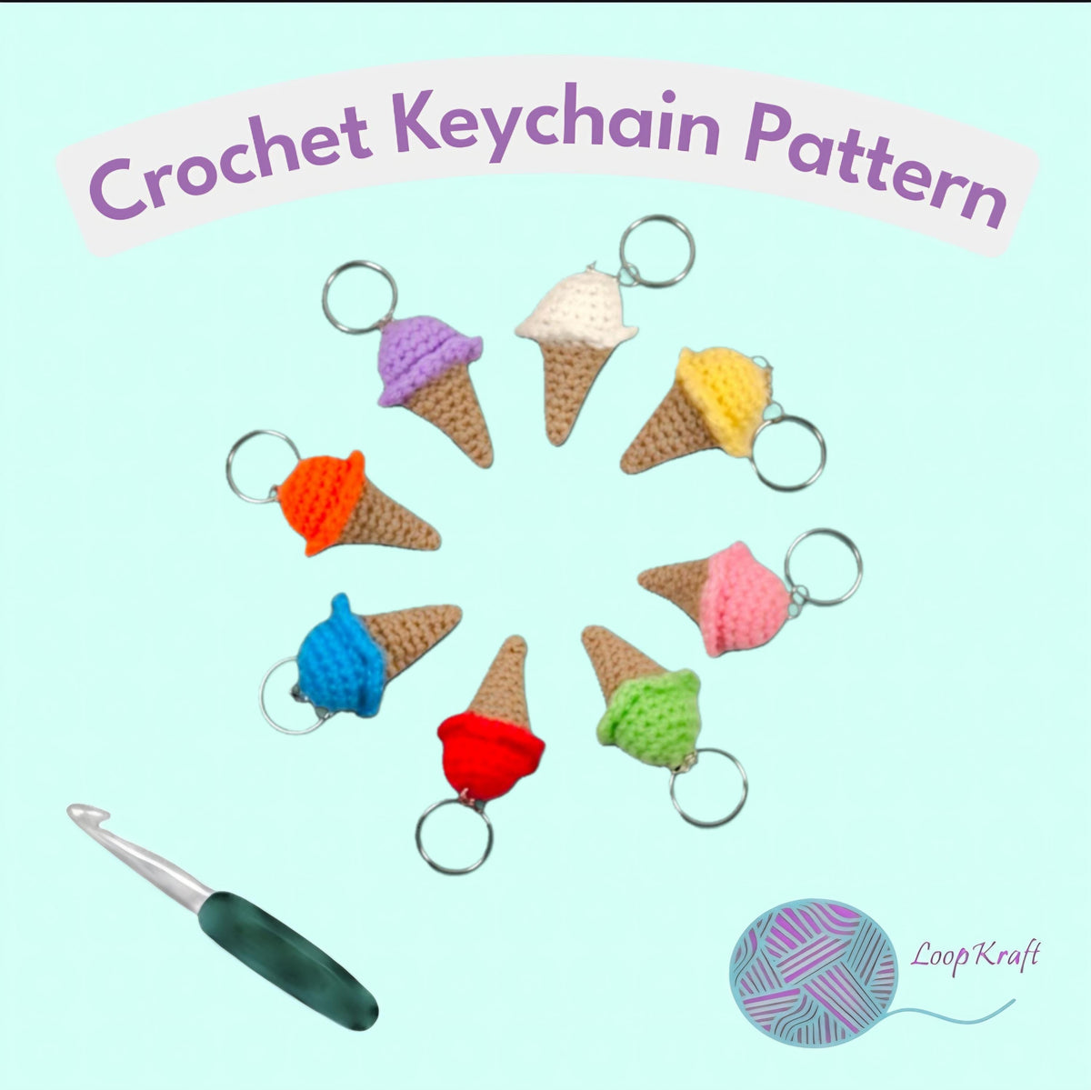 Crochet Mini Ice Cream Cone Keychain PDF Pattern Download