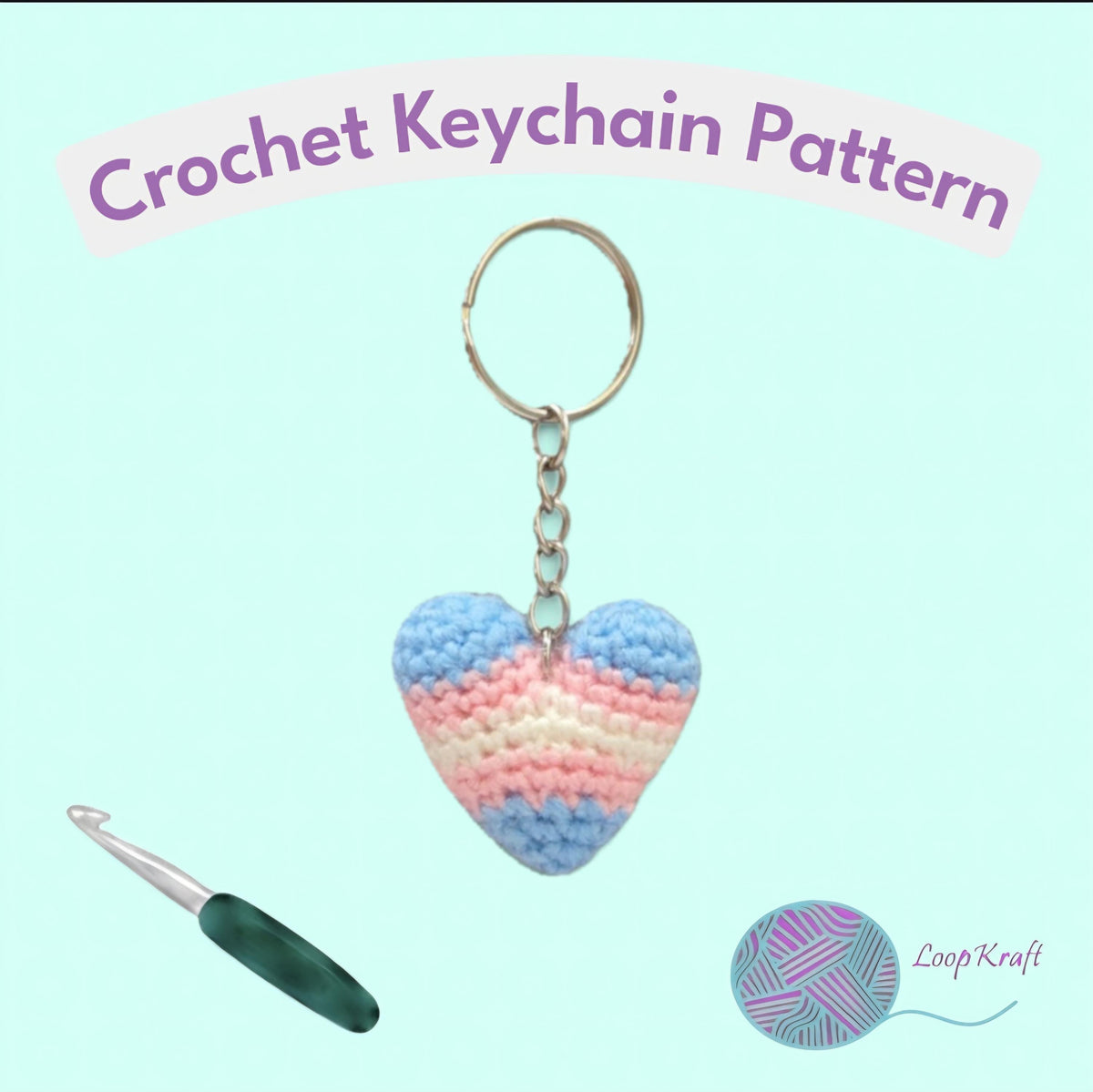 Crochet Mini Trans Pride Heart Keychain PDF Pattern Download